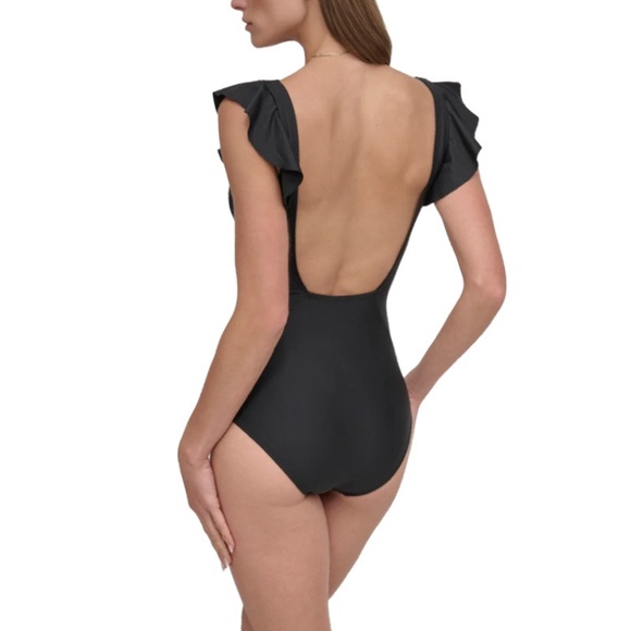 NEW DKNY One Piece Swimsuit Ruffle Straps Tummy Control Low Back Black Size S - Picture 15 of 16